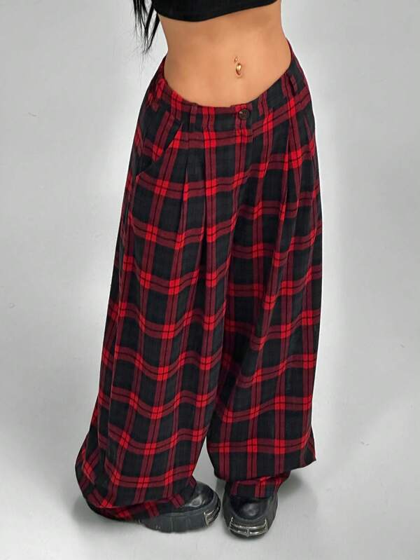 SHEIN EZwear Women's Spring And Summer For Country Festival Outfits Streetwear Vintage Y2K Plaid Graphics Wide Leg Pants