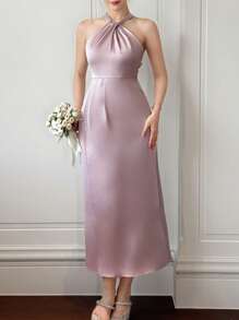 DAZY Vestido midi elegante de mujer con abertura en el bajo, de unicolor y escote halter, vestido de verano formal para mujer