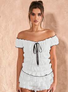 SHEIN BAE Women's Elegant Contrast Color Trim Off-The-Shoulder Blouse - White - View 6