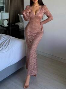 DAZY Lace Sheer Fitted Long Sexy Nightgown - Red - View 8