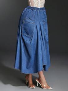 SHEIN BAE Women's Elastic Waist Long Casual Denim A-Line Skirt - Blue - View 6