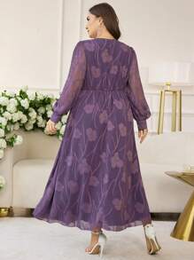 Modelyn Simple Romantic Chiffon Cut-Out V-Neck Lantern Sleeve A-Line Plus Size Casual Dress For Spring/Summer - Purple - View 2
