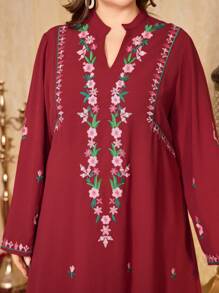 Al Najma 大码女式V领刺绣长裙，端庄的长袍 - 酒紅色 - 查看 5