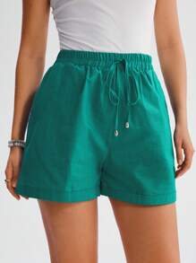 SHEIN LUNE 腰部打結卷邊闊腿短褲 - 綠色 - 查看 4