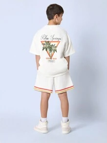 SUMWON Summer Set Palm Springs Beach Casual Two-Piece Athletic Holiday Travel Resort Matching Tween Crew Neck Shirt Shorts Set Vacation Sport Set - White - View 1