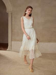 MOTF PREMIUM FLORAL EMBROIDERY RUFFLE TRIM DRESS - Beige - View 5