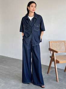 FRIFUL Conjunto de 2 piezas para mujer de pantalón largo y top de manga corta de mezclilla, de moda para el verano - Azul - Ver 2
