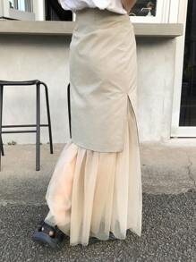 FRIFUL Women Long Mesh Patchwork A-Line Skirt Fall Skirts - Khaki - View 5