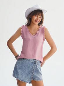 SHEIN LUNE 女式純色荷葉邊馬甲 - 藕粉色 - 查看 3