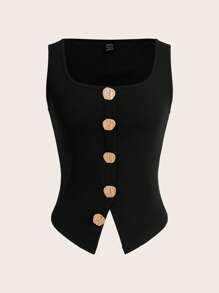 Siren Gaze 女士办公室纽扣 A 型开衩背心，女士黑色无袖金属扣背心，正面纽扣无袖简约吊带背心，休闲日常装，夏季上衣，女士短款上衣，女士外出上衣，商务休闲背心 - 黑色 - 查看 3