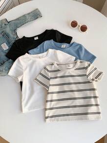 SHEIN Bộ 4 món áo thun dài tay kẻ sọc co giãn dễ thương thường ngày đa năng cho bé trai/bé gái, thích hợp mặc trong nhà và ngoài trời vào mùa xuân và mùa hè - Nhiều màu - Xem 6