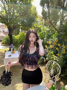 DAZY 女士甜美设计系带蝴蝶结碎花网纱泡泡袖露脐上衣度假风 - 彩色 - 查看 8