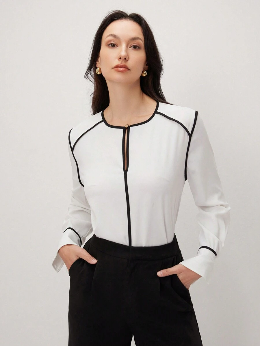 BizChic 女士白色通勤衬衫，带黑线图案分割，优雅长袖衬衫，适合春夏季，毕业