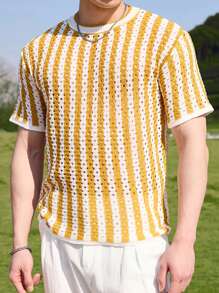 Manfinity Chillmode Men's Striped Crew Neck Short Sleeve Hollow Out Knit Top - Yellow - View 4