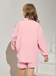 SHEIN 3pcs/Set Tween Girl Street Casual Solid Woven Long Sleeve Shirt, Shorts And Camisole