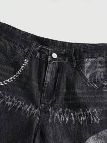 ROMWE MEN Grunge Punk 男士字母印花贴袋宽松牛仔短裤 - 黑色 - 查看 4