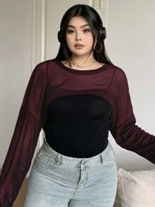 Livesso Curve 大码女式长袖 T 恤黑色罩衫春夏薄款秋季女装 - 酒紅色 - 查看 4