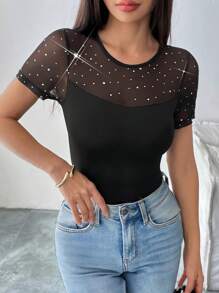 Chiquease Casual Slim Fit Cropped Round Neck Mesh Panel Short Sleeve T-Shirt - Black - View 3