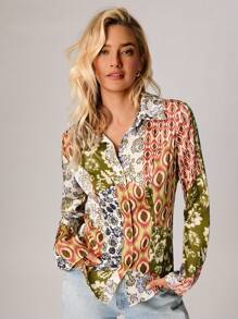 SHEIN Forever 21 春夏女士情人节/休闲/复古/节日/乡村音乐会/早午餐/返校节/复活节/宾客/茶会/基本款/音乐会女士/舞会/婚礼/狂欢节/正式/西部/鸡尾酒会/俱乐部/春季服装/生日/可爱/优雅/外出/度假/办公室/机场/2000 年代风格/街头服饰/波西米亚风印花衬衫 - 彩色 - 查看 6