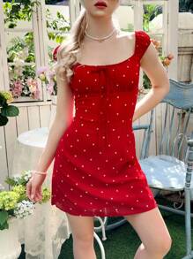 SHEIN 少女休闲简约波尔卡圆点和蝴蝶结装饰连衣裙 - 紅色 - 查看 4