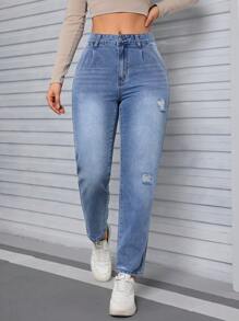 SHEIN Tall Jeans de tiro alto estilo novio desgastados para mujer, ajuste holgado y lavado vintage Y2K