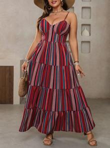 Breezaya Plus Size Women's Adjustable Spaghetti Strap Backless Bowknot Cinched Waist Long Striped Dress, Suitable For Summer Outfits, St. Patrick's Day, Rave, Festival, Spring Break, Boho