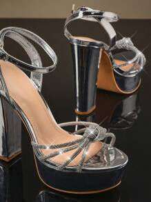 SHUZIA Ankle Strap Platform Block Heeled Sandals Spring Shoes Spring Break Easter Prom Heels Wedding Shoes For Christmas Valentine's Day - Silver - View 6