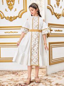 SHEIN Tween Girls Loose Elegant Embroidered Patchwork Ribbon Trim Stand Collar Dress - White - View 3