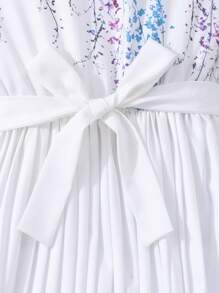 SHEIN Tween Girl Digital Floral Print Ruffle Hem Pleated Elegant Dress, With Short Sleeves, Ruffle Collar & Waist Belt,Holiday,Summer,Travel - White - View 5