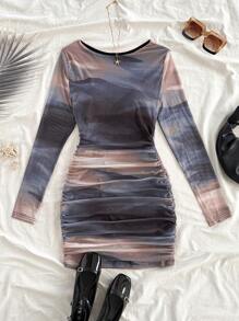 Soleia Autumn/Winter Casual Tie-Dye Long Sleeve Bodycon Dress For Women,Vacation Outfits Women