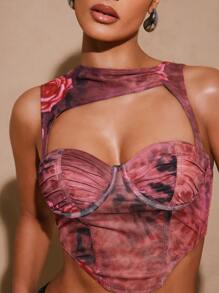 Hauture Printed Mesh Cut Out Bustier Sleeveless Top With Padded Bust, Summer Tops, Leopard Print - Rose Red - View 6