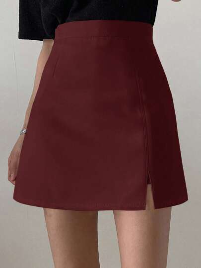 DAZY 休闲纯色高腰开衩红色半身裙秋季半身裙