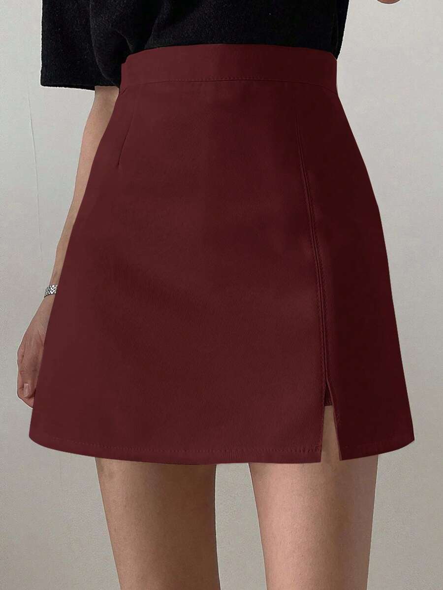 DAZY Casual Solid Color High Waist Slit Red Skirt Fall Skirts - Burgundy - View 1