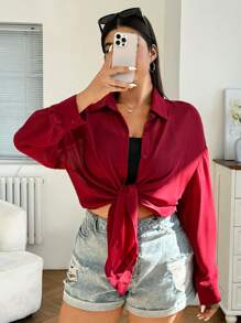 SHEIN EZwear 大码女式宽松透明雪纺休闲长袖衬衫，适合夏季、返校、约会、茶会、海滩、夏威夷、日常穿着 - 酒紅色 - 查看 4