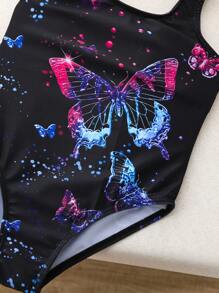 Girls' One-Piece Butterfly Swimsuit, Black With Colorful Print, Summer Beachwear - Multicolor - View 6