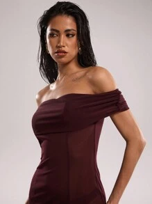 SHEIN BAE Vestido largo de gasa con hombros descubiertos y abertura lateral transparente, para conjunto de verano de playa, vacaciones, vestidos de verano para mujer, ropa de playa, vestidos de playa para mujeres, conjuntos de 2 piezas, ropa occidental para mujer, cubiertas de playa occidentales para trajes de baño, vestidos largos para mujeres