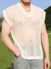 Manfinity Hypemode Men's Solid Color V-Neck Hollow Out Loose Knit Sweater Mesh Top Men