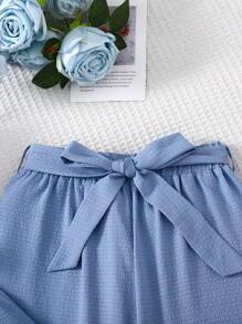 SHEIN Leap Crew Tween Girls Chiffon Ruffle V-Neck Blouse With Bowknot And Wide Leg Pants 2 Pieces Set, Casual Blue, Suitable For Spring Outings, Countryside, Garden Tea, Fashionable Outings, Back To School