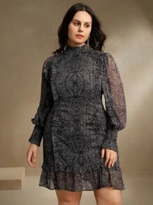Anewsta 女式大码编织金银丝透视雪纺时尚印花袖领荷叶边黑色优雅长袖连衣裙波西米亚风，女士春季服装 - 黑色 - 查看 7