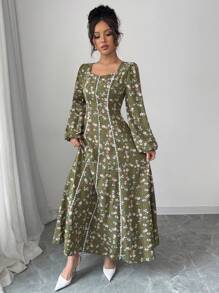 Modelyn Women's Ditsy Floral Sweetheart Neck Lantern Sleeve Arabian Dress,Modest