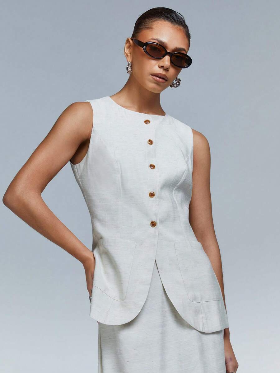 Athîral Women's Stone Button Front Line Look Waistcoat , Everyday Wear Tailoring - Apricot - View 1