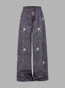 Lunivi Y2K Style Teen Girl 1 Set: Solid Color Off Shoulder Knit Top + Denim Effect Rhinestone Loose Wide-Leg Pants
