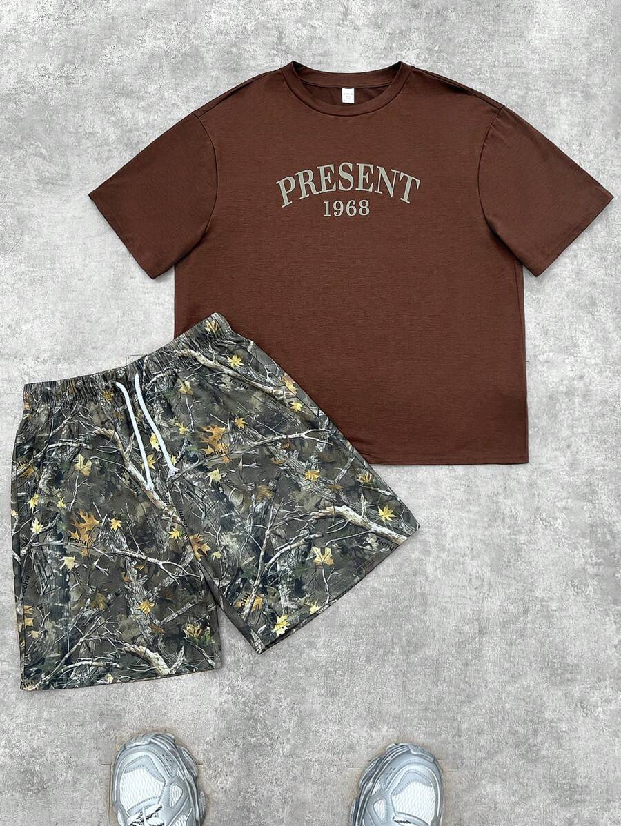 SHEIN 2 件套青少年男孩休闲英式印花短袖 T 恤和短裤套装，街头服饰朋克摇滚校园风格，适合春夏户外、派对、音乐节 - 彩色 - 查看 1