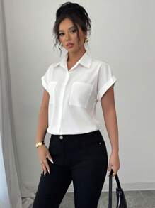 Elenzga 女士白色短袖衬衫，简约设计，轻盈宽松复古香港风格无袖衬衫 - 白色 - 查看 4