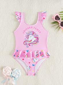 SHEIN Young Girl Ruffled Trim Round Neck One Piece Swimsuit, Casual & Comfortable - Pink - View 1