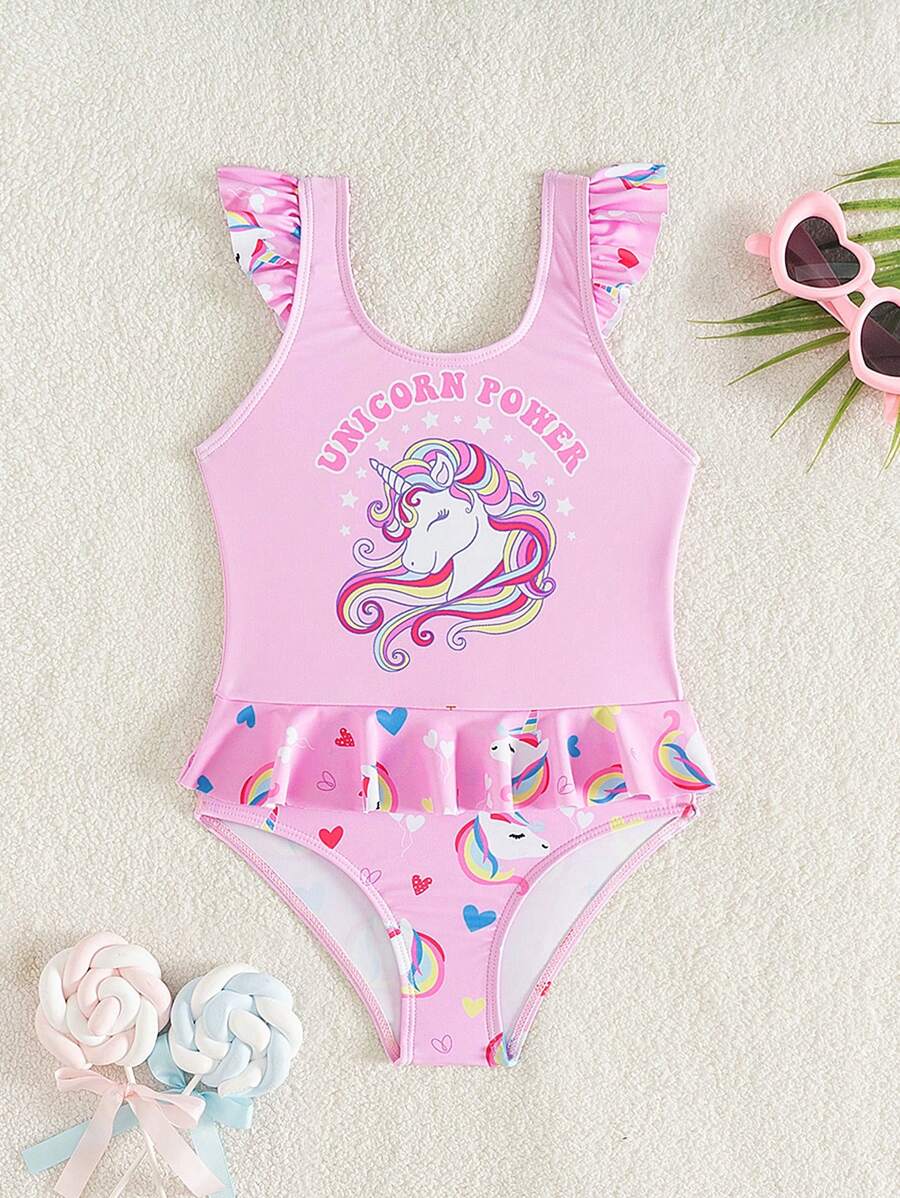 SHEIN Young Girl Ruffled Trim Round Neck One Piece Swimsuit, Casual & Comfortable - Pink - View 1