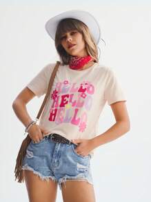 SHEIN LUNE 休闲可爱“HELLO”图案印花修身圆领短袖 T 恤女款，适合夏季 - 杏色 - 查看 3
