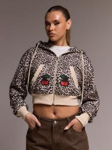 MUSERA Cropped Leopard Print Cherry Embroidered Cuffed Hoodie - Multicolor - View 1