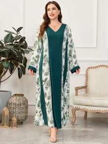 Al Najma Vestido simple y elegante con estampado de flores dispersas y parches, en talla grande, estilo árabe - Verde Oscuro - Ver 6