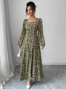 Modelyn Women's Ditsy Floral Sweetheart Neck Lantern Sleeve Arabian Dress,Modest